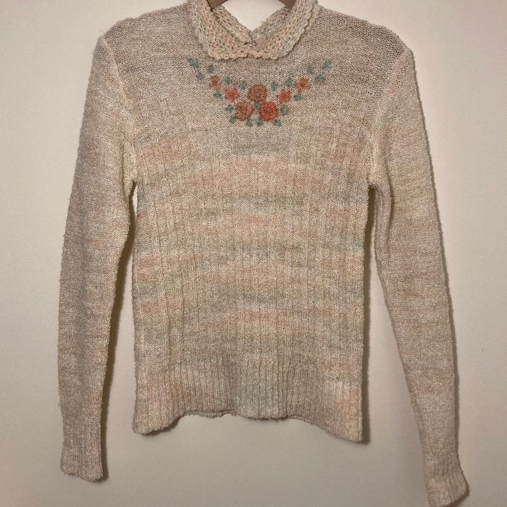 Women's Cottagecore Embroidered Pink and Green Jumper - Size S